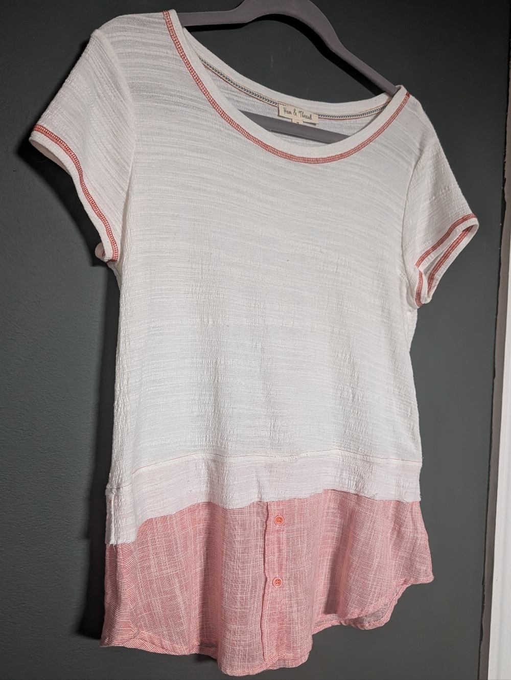 Hem And Thread White & Dusty Pink Two-Tone Short Sleeve Top